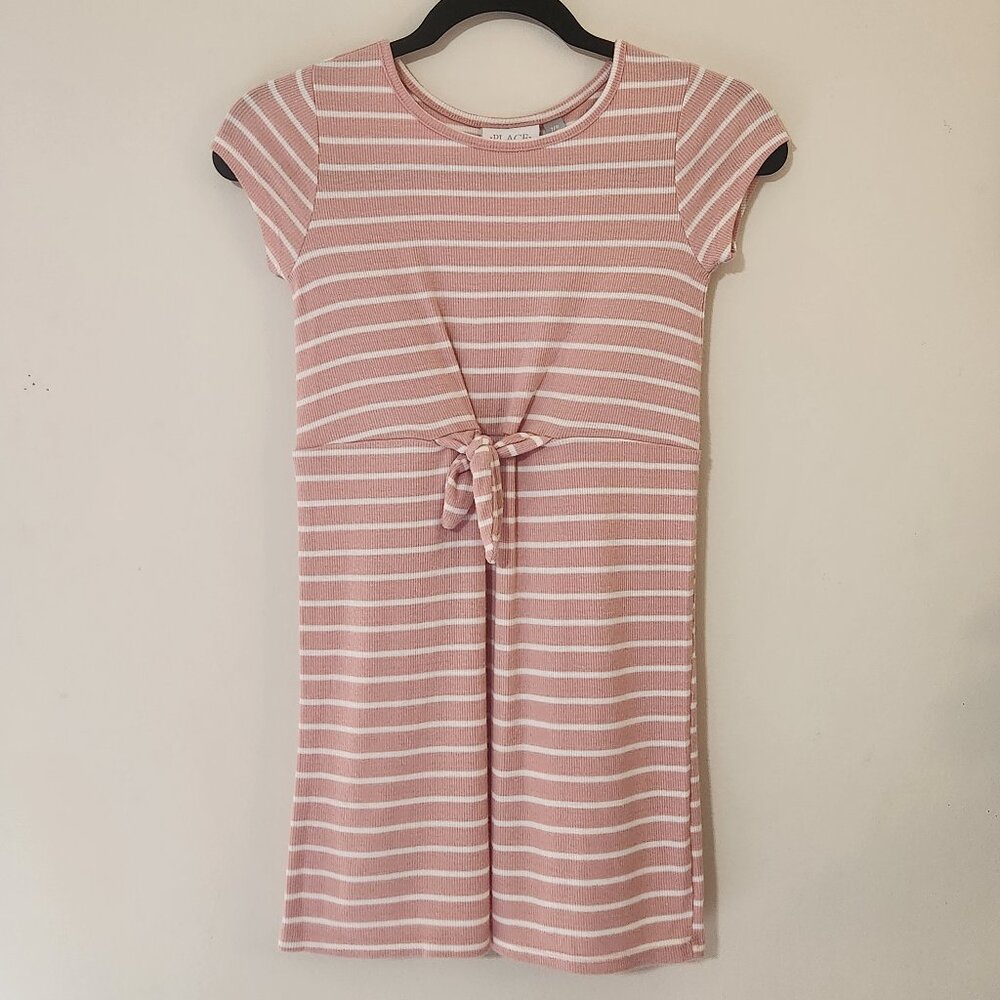 Children’s Place Girls M 7/8 Short Sleeve Pink Striped Front Bow Knit Dress